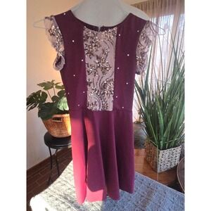 REVERENCE Burgundy Sequin Lace Open Back Dance Costume Dress Rhinestones Size XS